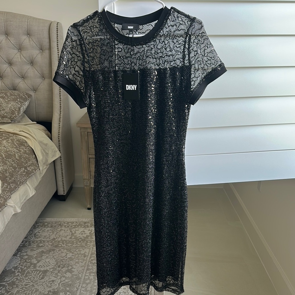 DKNY Black Sheath sequined Midi Dress Crew Neck Short Sleeve - Picture 4 of 5